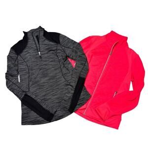 2 Pack Women's Medium Athletic Tops | Gray Pullover | Neon Pink Full Zip Sweater